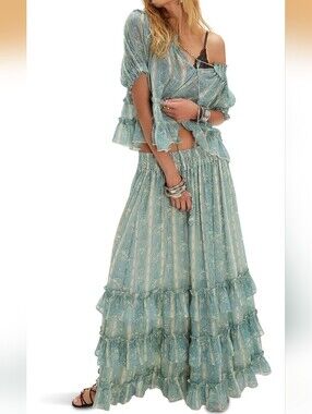 Free People Morning Mist Maxi Set NWT Size XS In Mineral Blue Combo